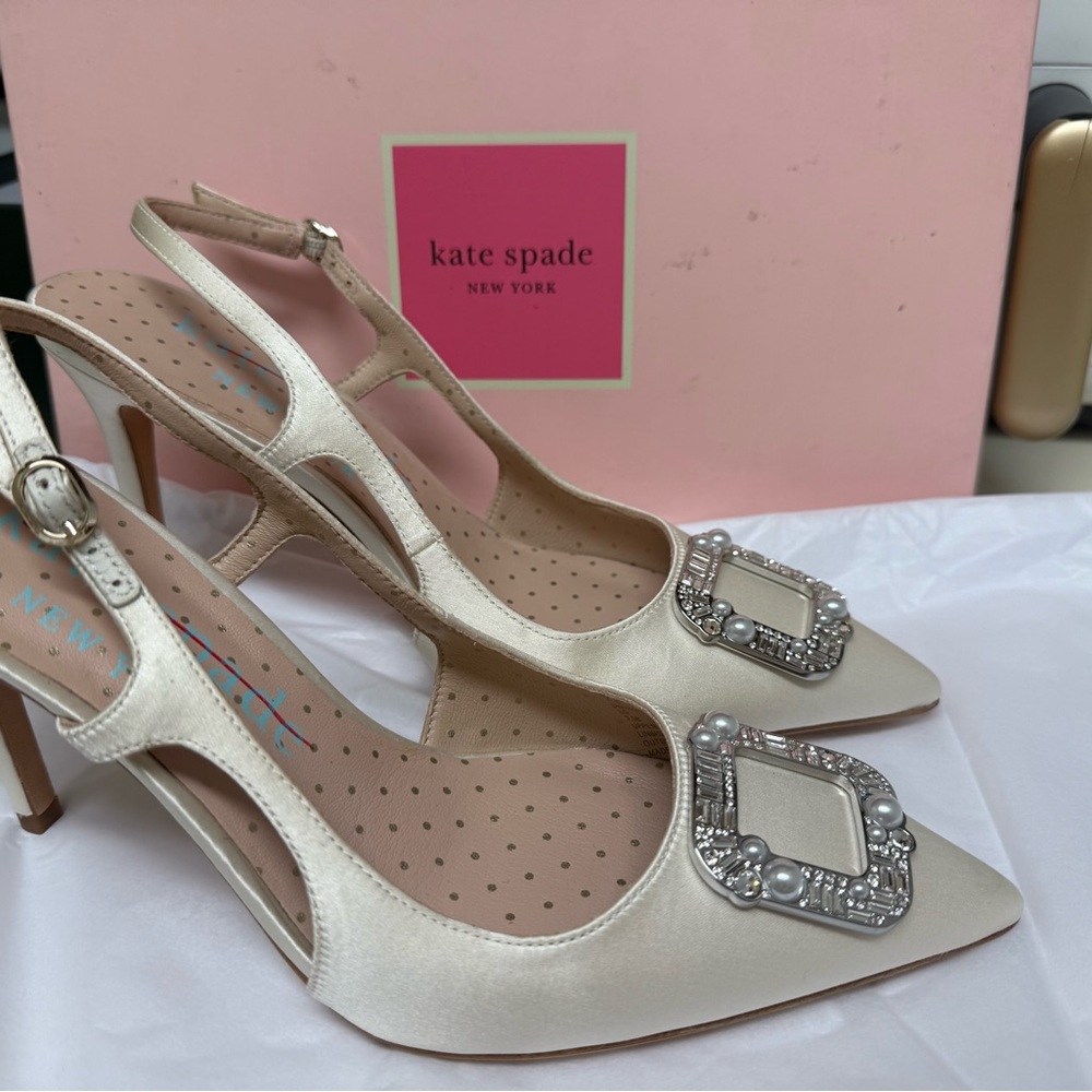 Kate Spade Cream Patent Leather Heels with Crystal Buckle